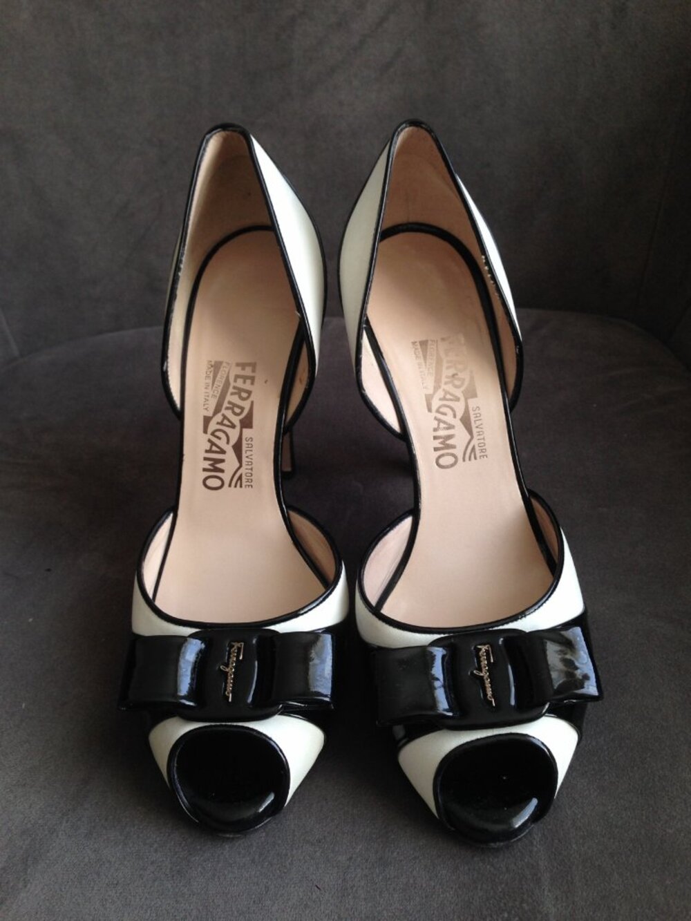 Salvatore Ferragamo Manuela Peep-Toe Pumps Black White Patent Bow Heels